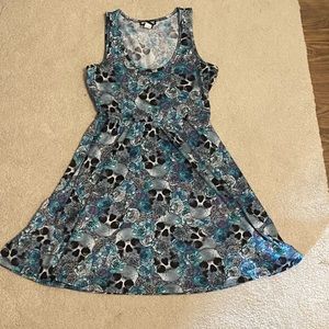 Hot Topic Blue Floral Skull Skater Dress Size M